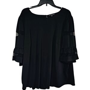 Adrianna Papell 3XL Black Blouse Swiss Dot Accent Bell Sleeve Key Hole Back Top